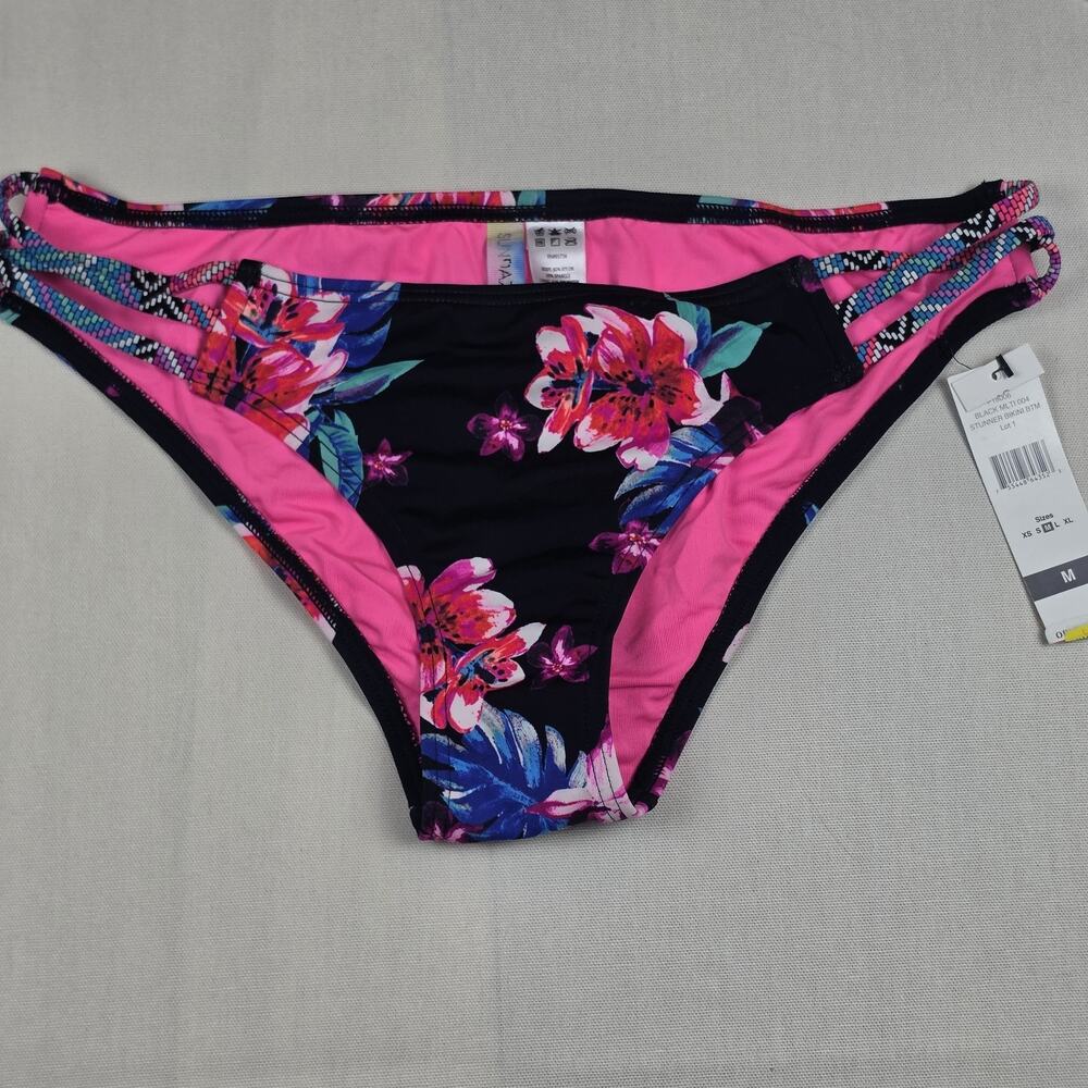 No Boundaries Women's Floral Bikini Bottom Strappy Side Black Pink Size M NWT